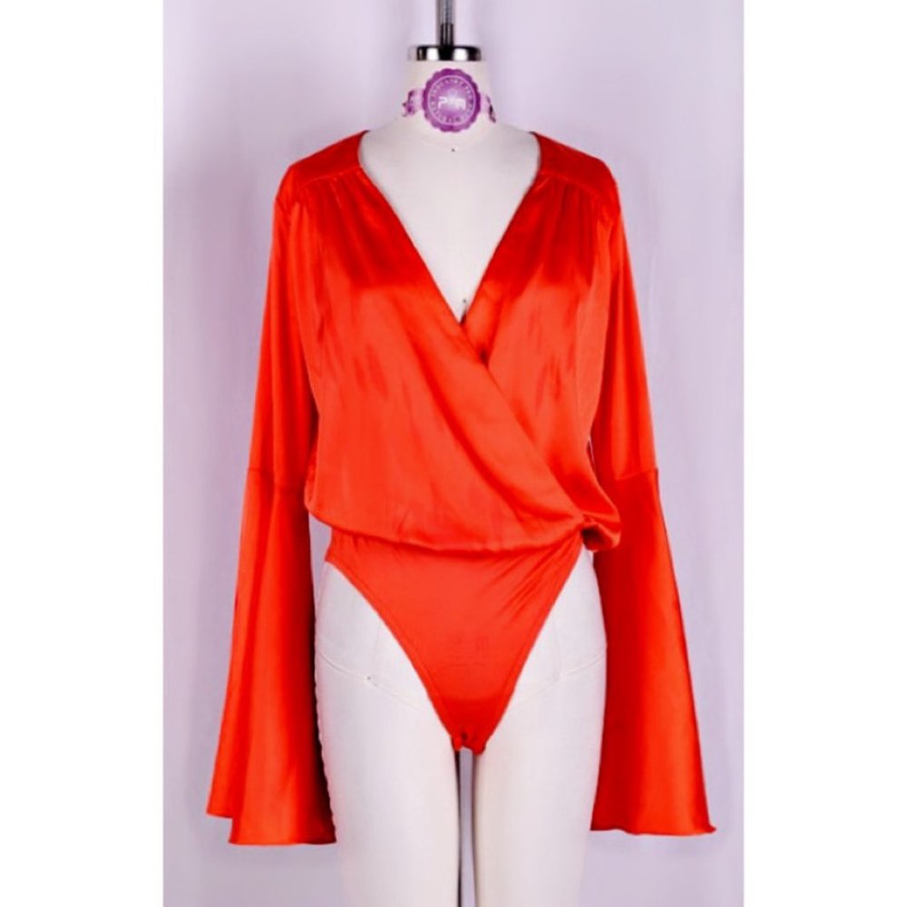 Lulus Satin Bell Sleeve Surplice Bodysuit